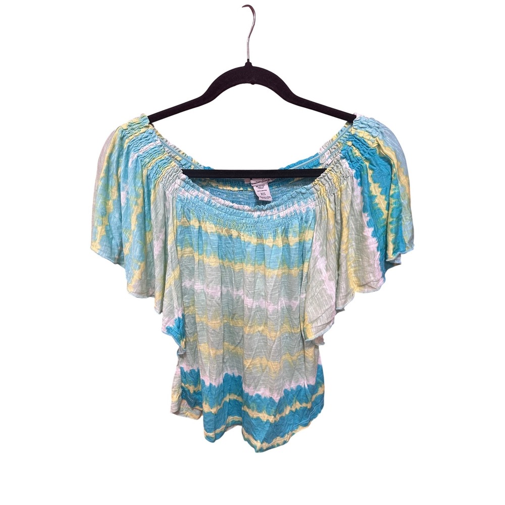 American Rag Womens XS Tie Dye Off Shoulder Smocked Flutter Sleeve Top Turquoise